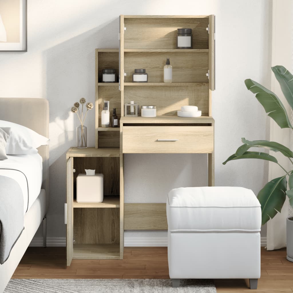 makeupbord med skab 80x35x132 cm sonoma-eg
