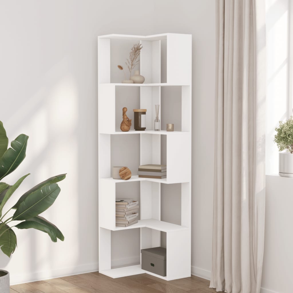 bogreol til hjørne 50x50x179 cm 5 hylder konstrueret træ hvid