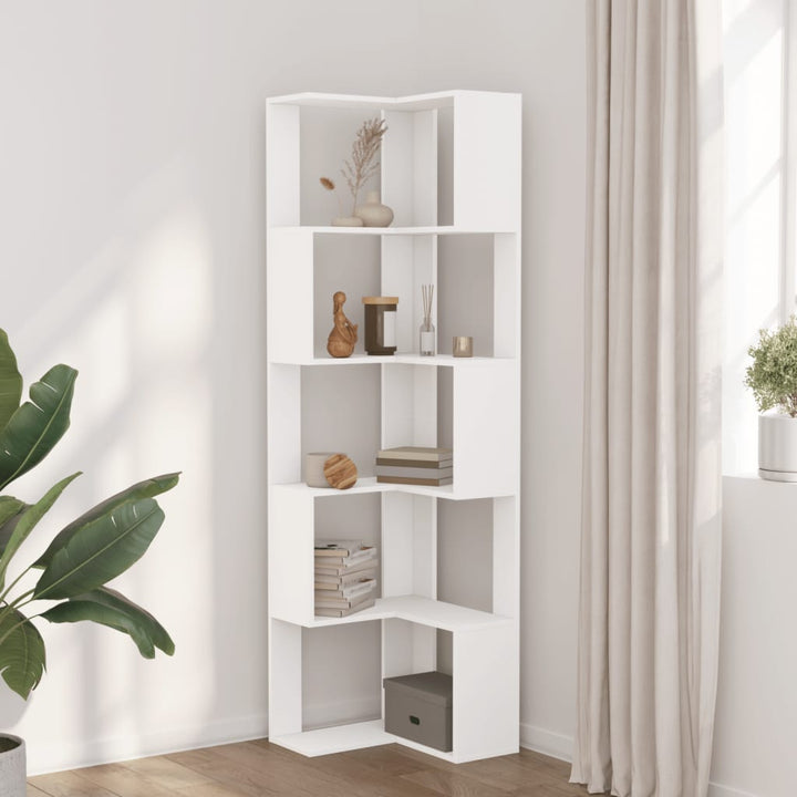 bogreol til hjørne 50x50x179 cm 5 hylder konstrueret træ hvid