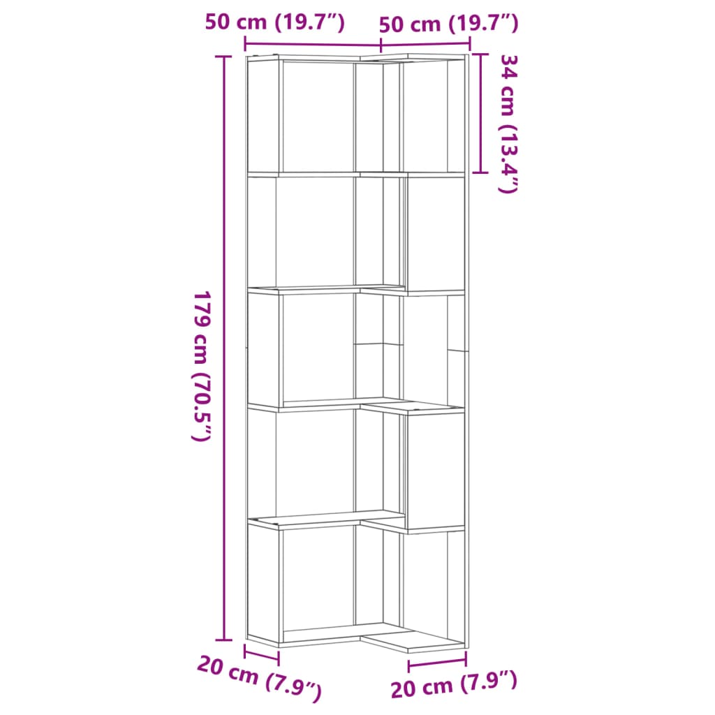 bogreol til hjørne 50x50x179 cm 5 hylder konstrueret træ hvid