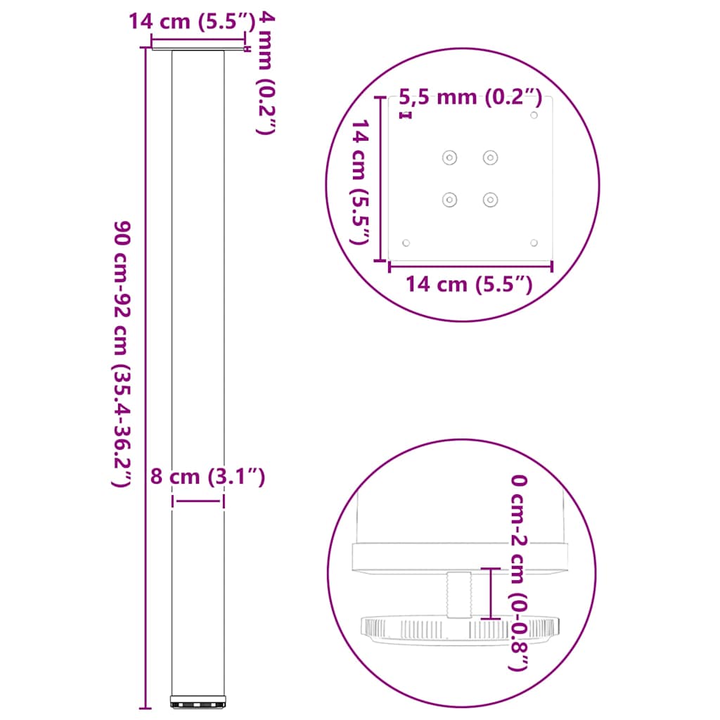 sofabordben 4 stk. naturstål 90-92 cm stål