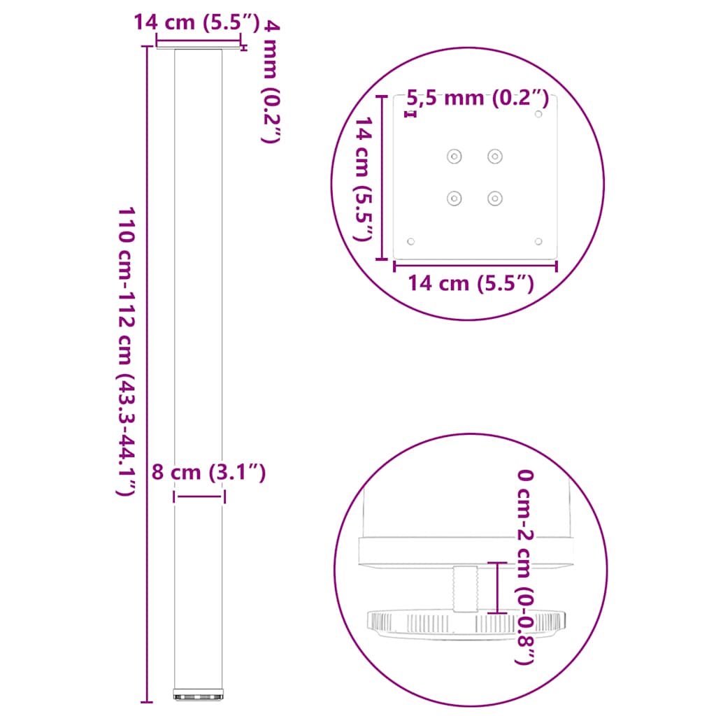 barbordsben 4 stk. hvid 110-112 cm stål