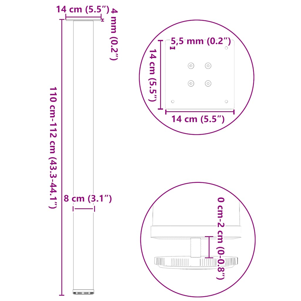 sofabordben 4 stk. naturstål 110-112 cm stål