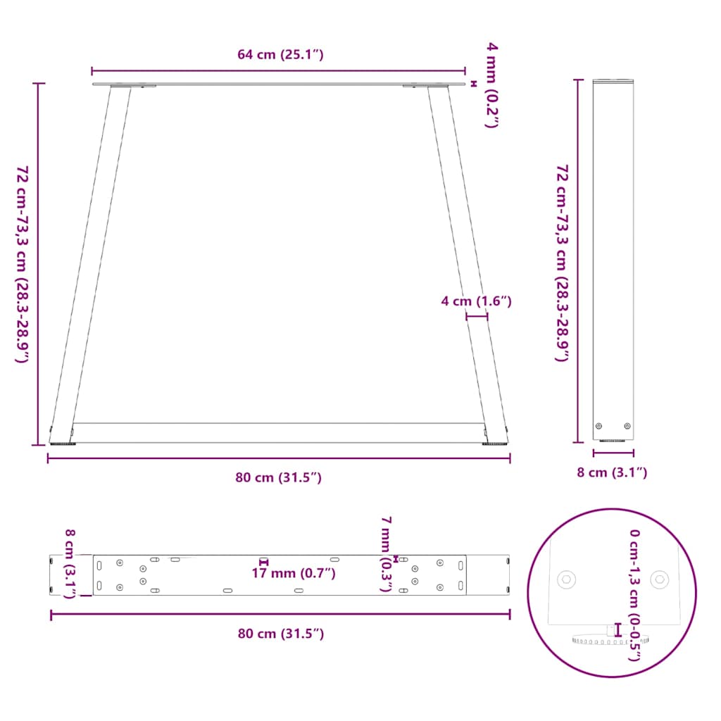 spisebordben V-formet 3 stk. sort 80 x (72-73,3) cm stål