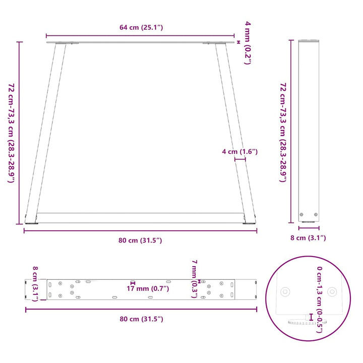 spisebordben V-formet 3 stk. sort 80 x (72-73,3) cm stål