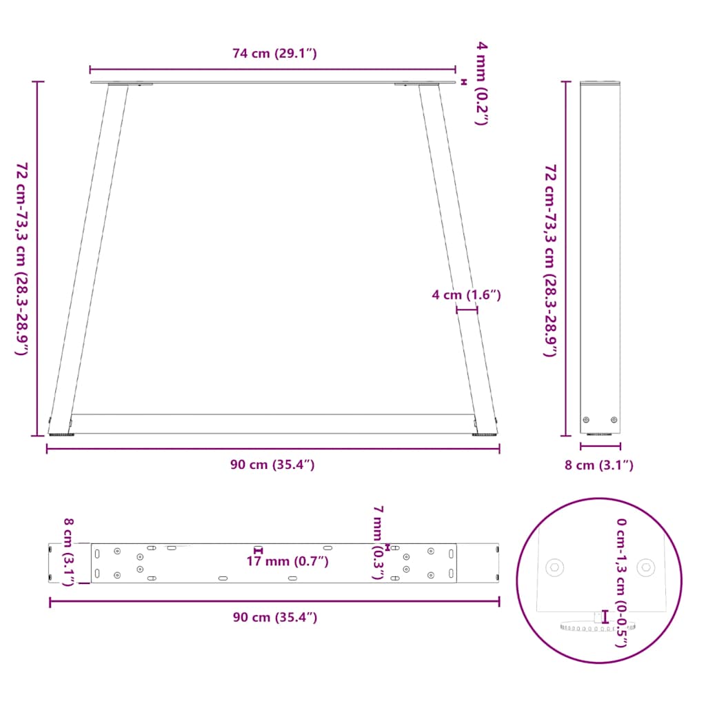 spisebordben V-formet 3 stk. sort 90 x (72-73,3) cm stål