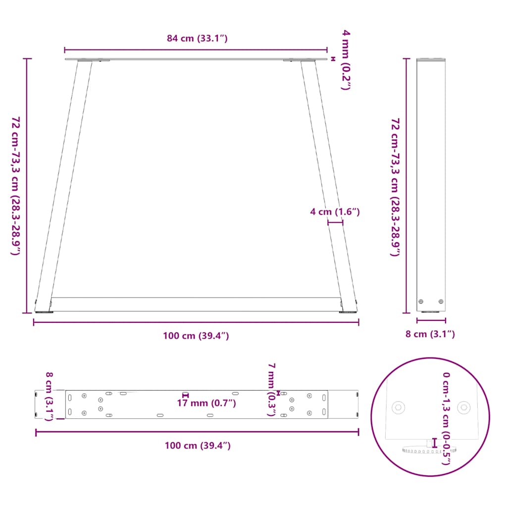 spisebordsben V-formet 3 stk. sort 100x(72-73,3) cm stål