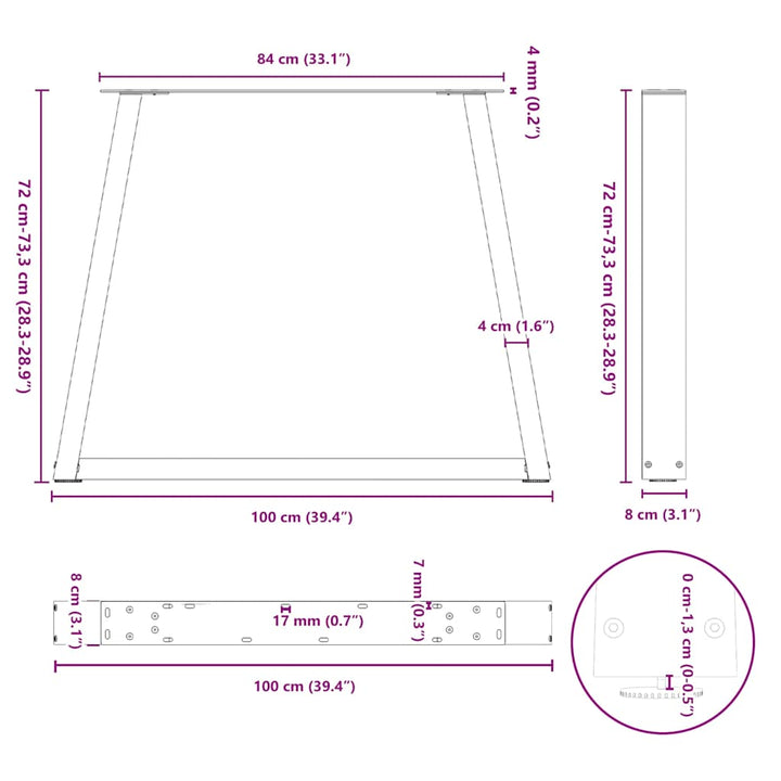 spisebordsben V-formet 3 stk. sort 100x(72-73,3) cm stål