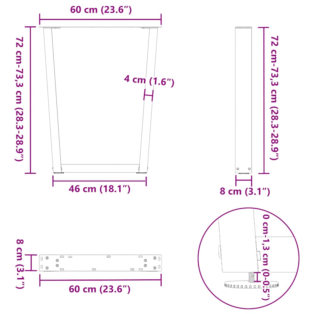 spisebordsben V-formet 2 stk. hvid 60 x (72-73,3) cm stål