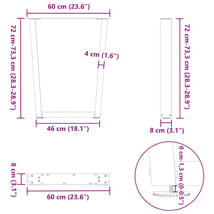spisebordsben V-formet 2 stk. hvid 60 x (72-73,3) cm stål