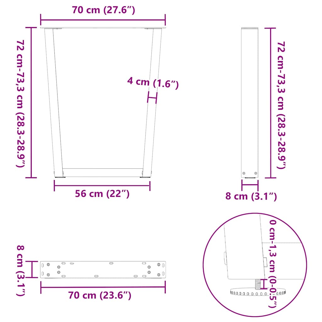 spisebordsben V-formet 2 stk. naturstål 70 x (72-73,3) cm stål