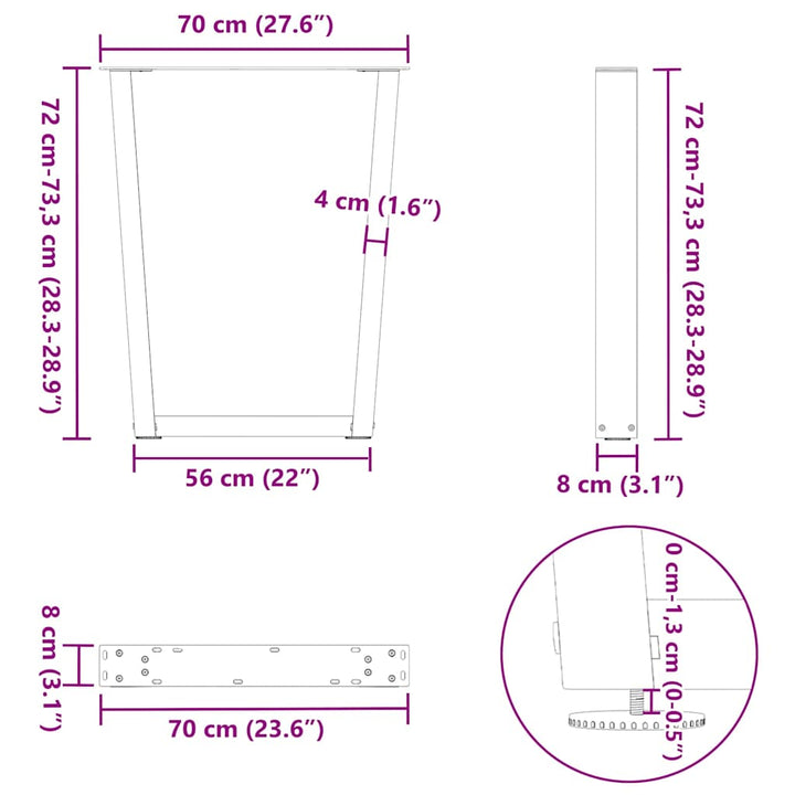 spisebordsben V-formet 2 stk. naturstål 70 x (72-73,3) cm stål
