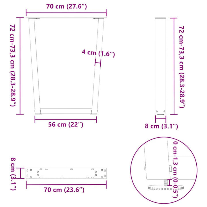 spisebordsben V-formet 3 stk. sort 70 x (72-73,3) cm stål