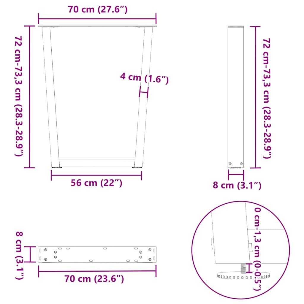 spisebordsben V-formet 3 stk. hvid 70 x (72-73,3) cm stål