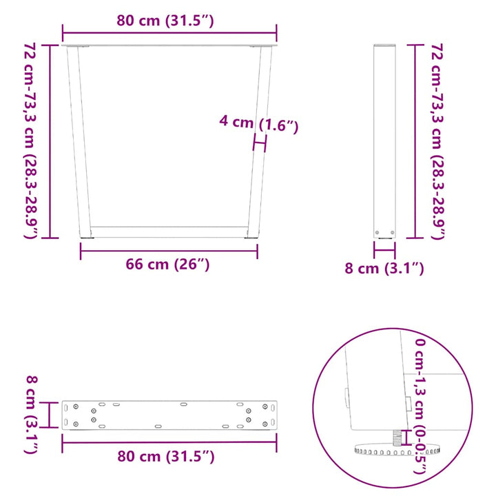 spisebordben V-formet 3 stk. sort 80 x (72-73,3) cm stål