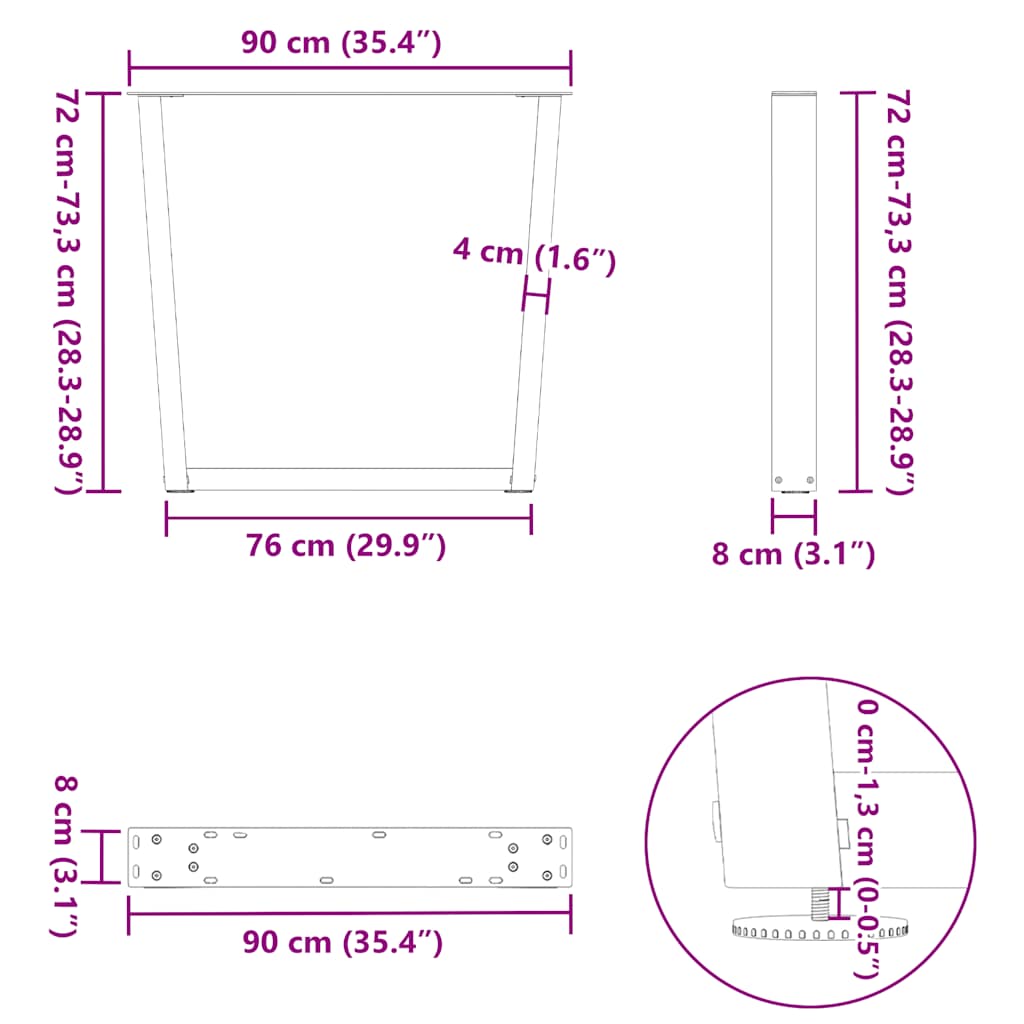 spisebordben V-formet 3 stk. sort 90 x (72-73,3) cm stål
