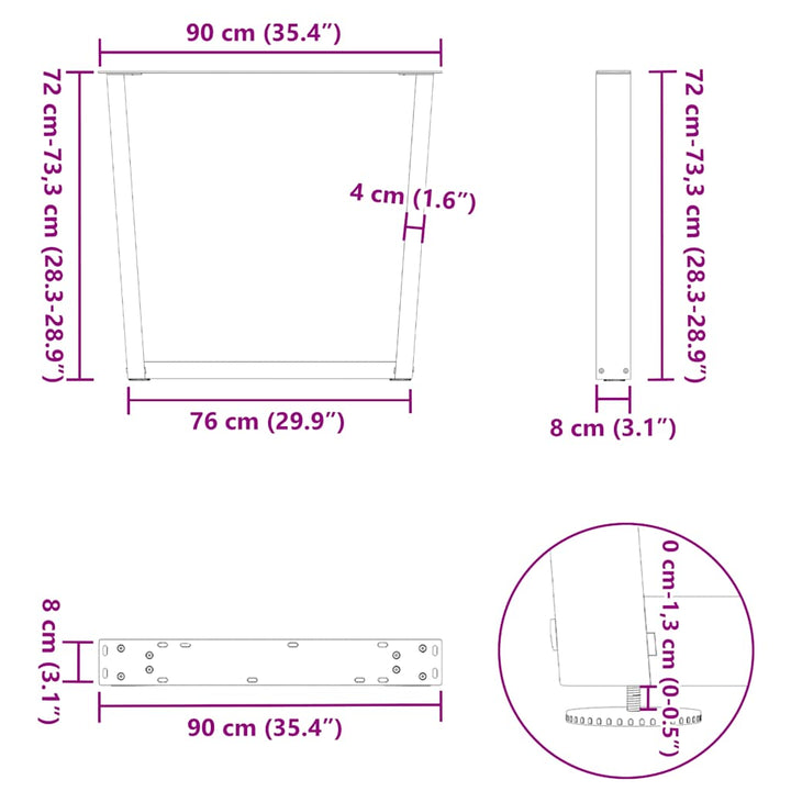 spisebordben V-formet 3 stk. sort 90 x (72-73,3) cm stål