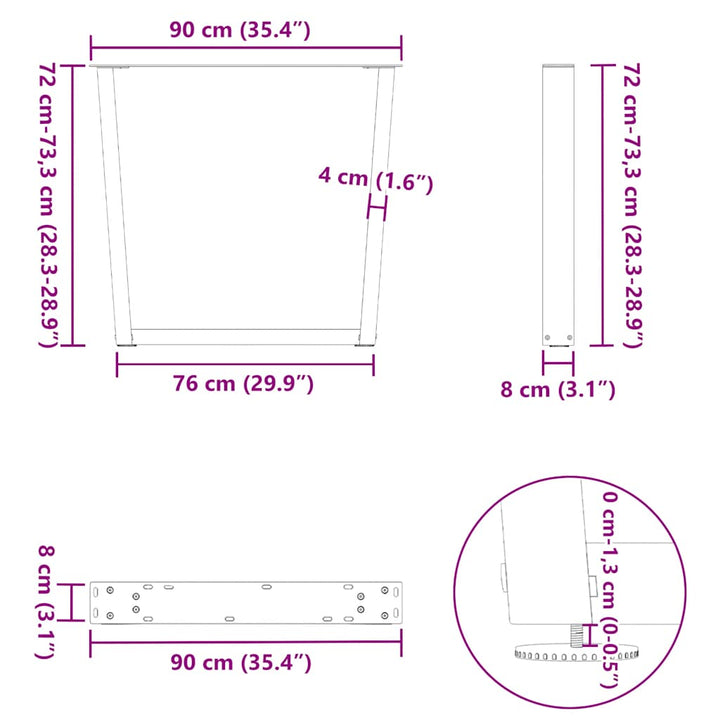spisebordsben V-formet 3 stk. naturstål 90 x (72-73,3) cm stål
