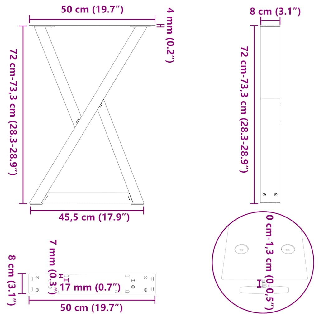spisebordsben 2 stk. sort 50x(72-73,3) cm stål