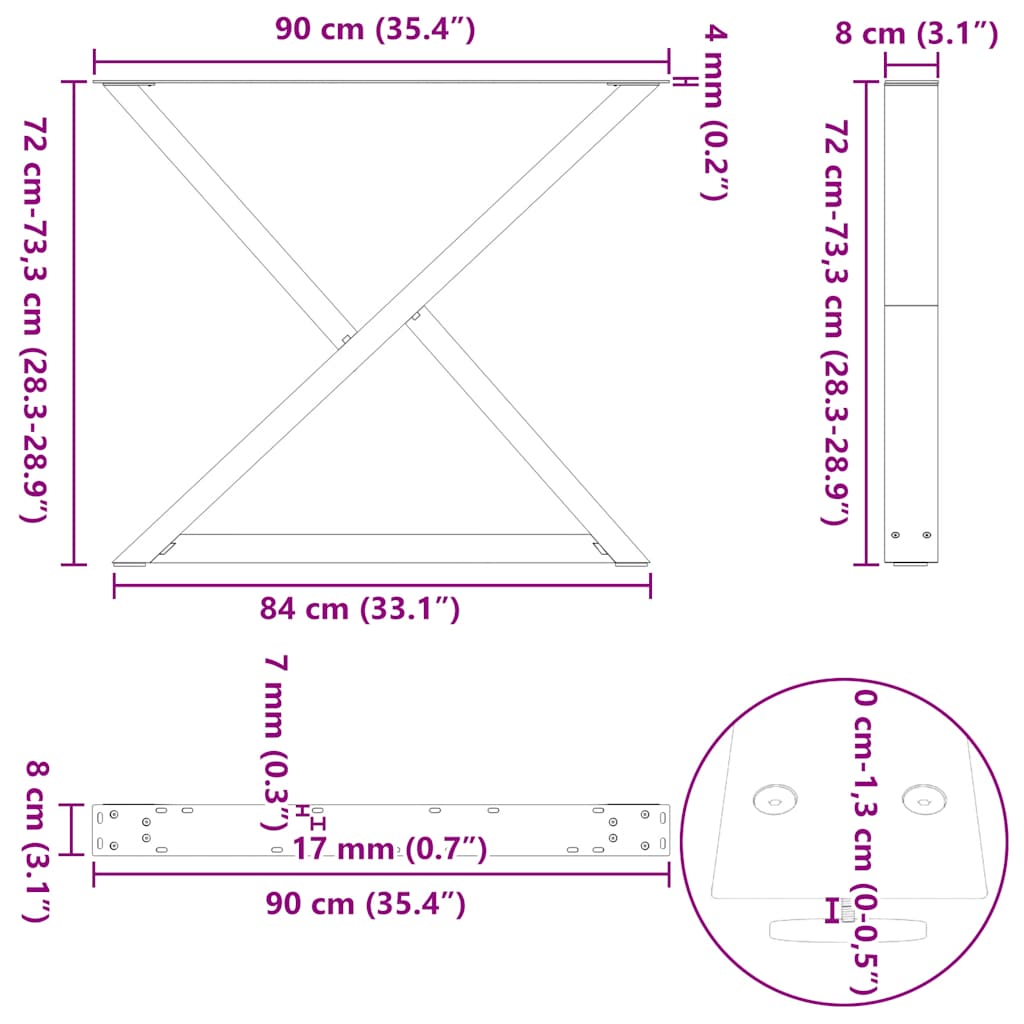 spisebordsben 2 stk. naturstål 90 x (72-73,3) cm stål
