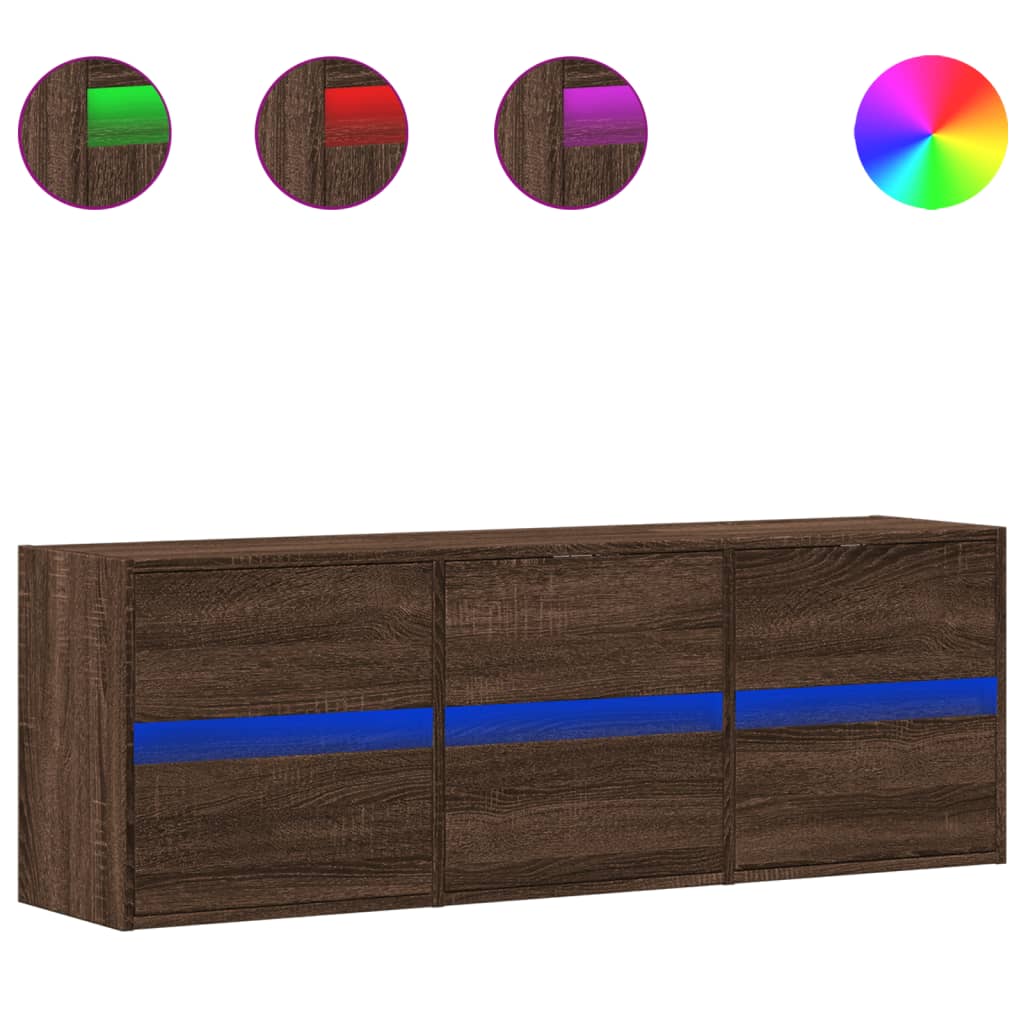 væghængt tv-bord med LED-lys 130x31x45 cm brun egetræsfarve