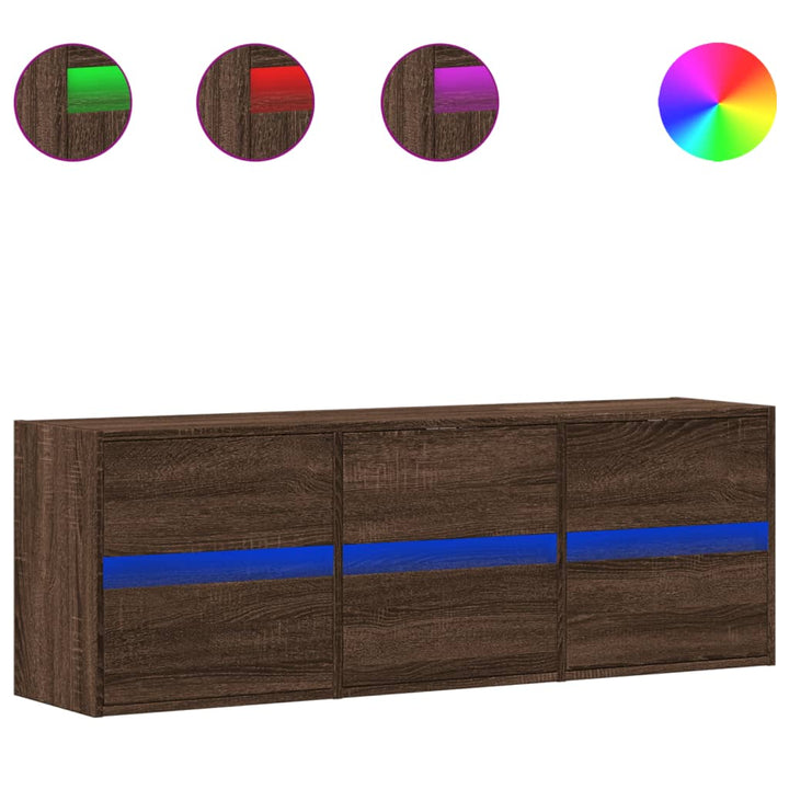 væghængt tv-bord med LED-lys 130x31x45 cm brun egetræsfarve