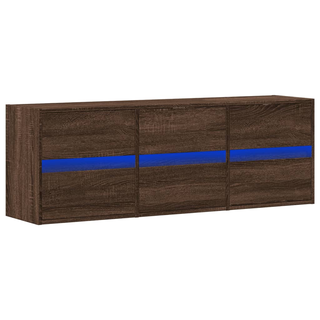 væghængt tv-bord med LED-lys 130x31x45 cm brun egetræsfarve