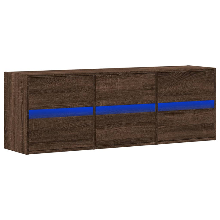 væghængt tv-bord med LED-lys 130x31x45 cm brun egetræsfarve