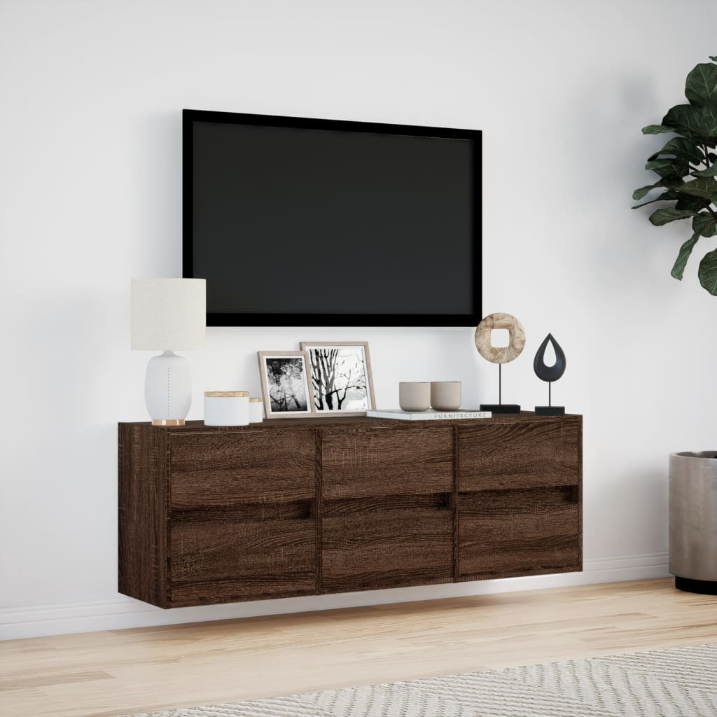 væghængt tv-bord med LED-lys 130x31x45 cm brun egetræsfarve
