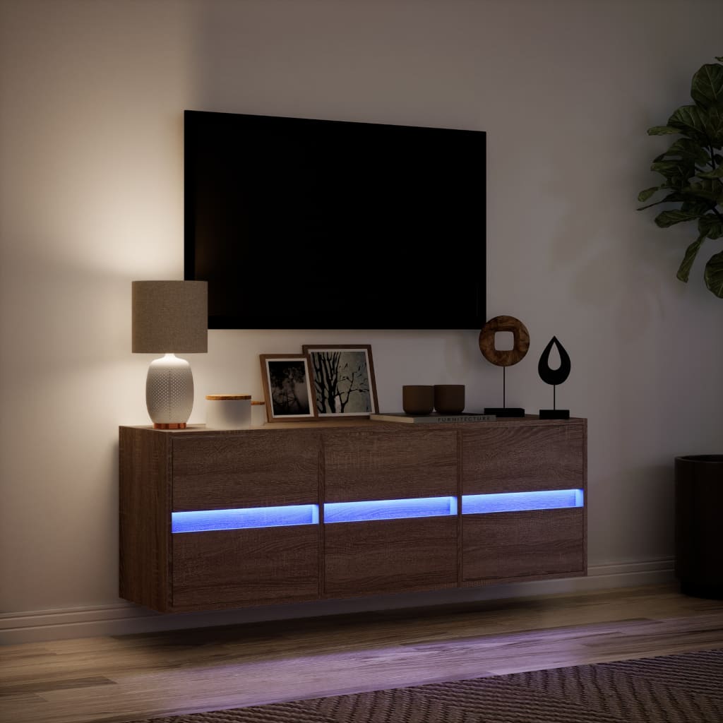 væghængt tv-bord med LED-lys 130x31x45 cm brun egetræsfarve