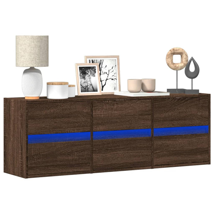 væghængt tv-bord med LED-lys 130x31x45 cm brun egetræsfarve