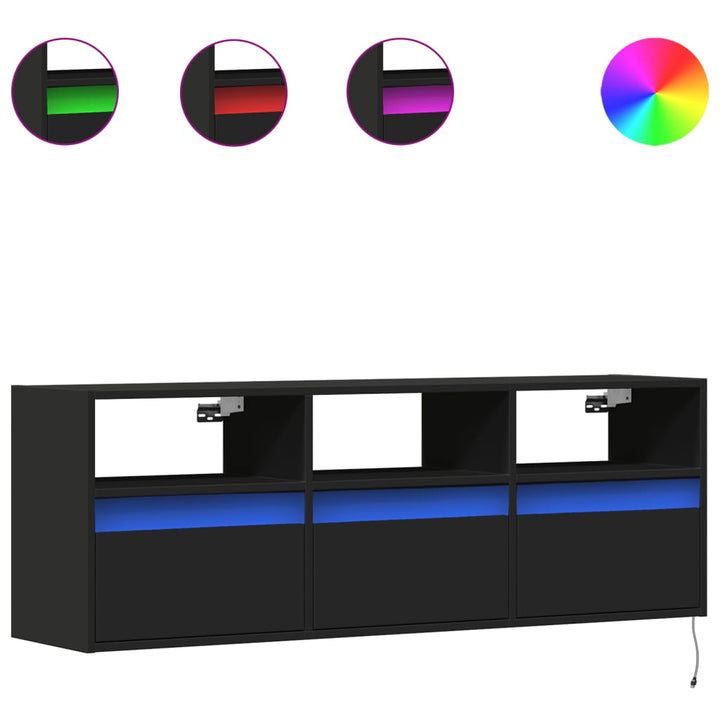 væghængt tv-bord med LED-lys 130x31x45 cm sort