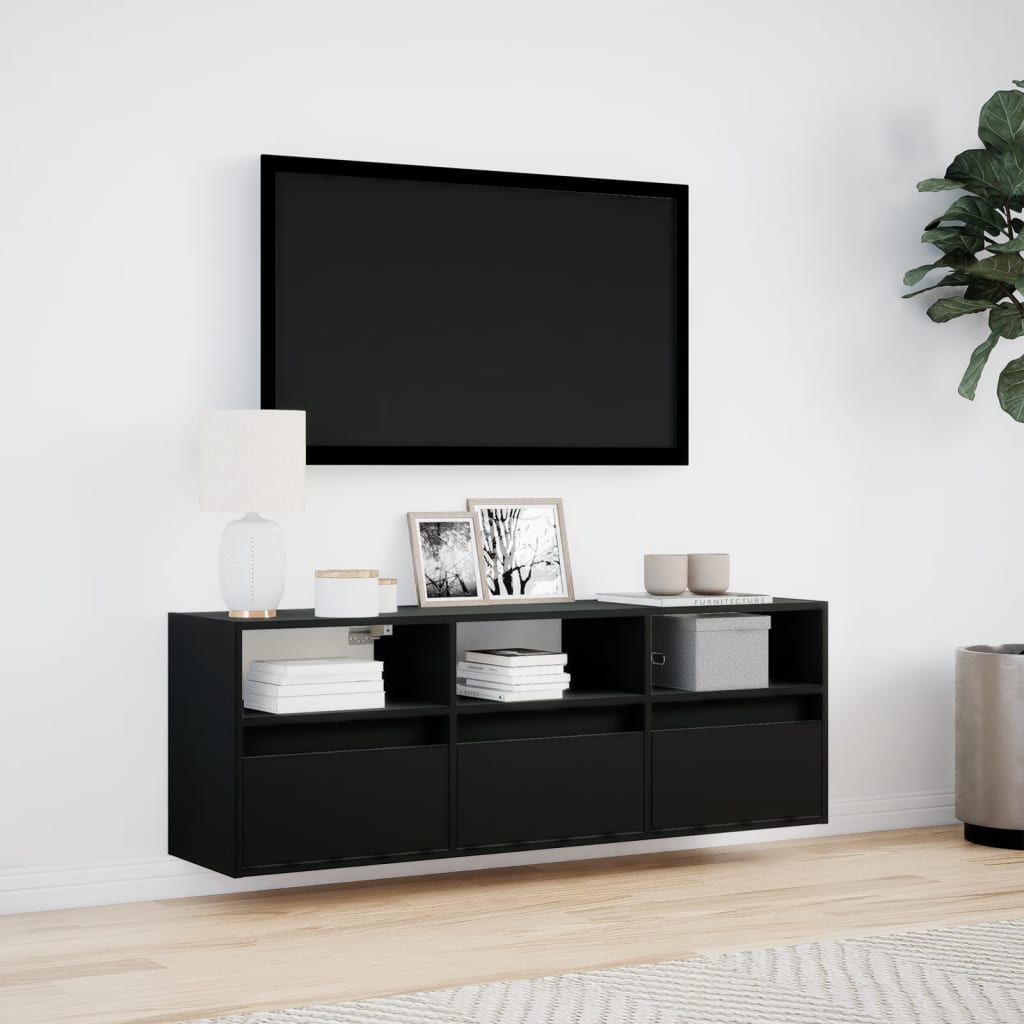 væghængt tv-bord med LED-lys 130x31x45 cm sort