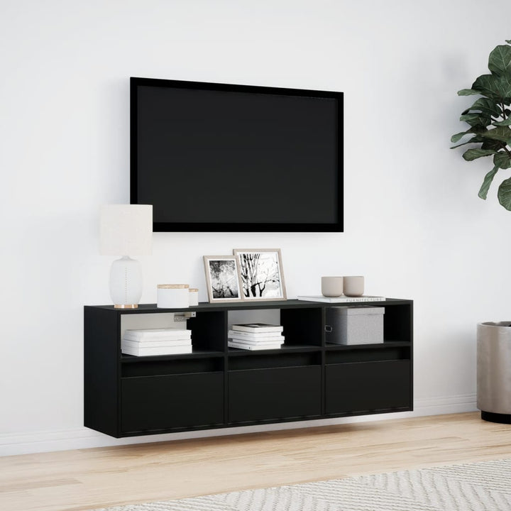 væghængt tv-bord med LED-lys 130x31x45 cm sort