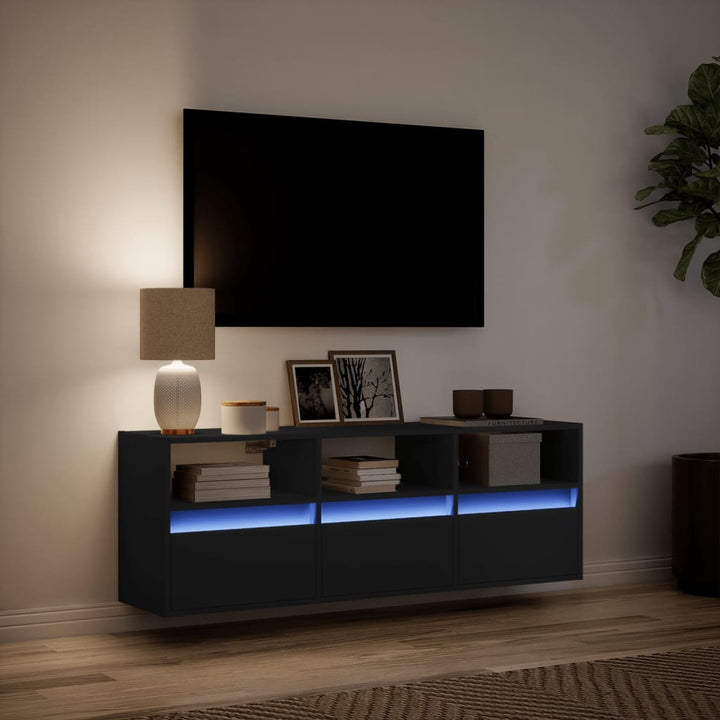 væghængt tv-bord med LED-lys 130x31x45 cm sort