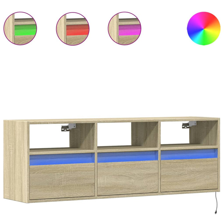 væghængt tv-bord med LED-lys 130x31x45 cm sonoma-eg