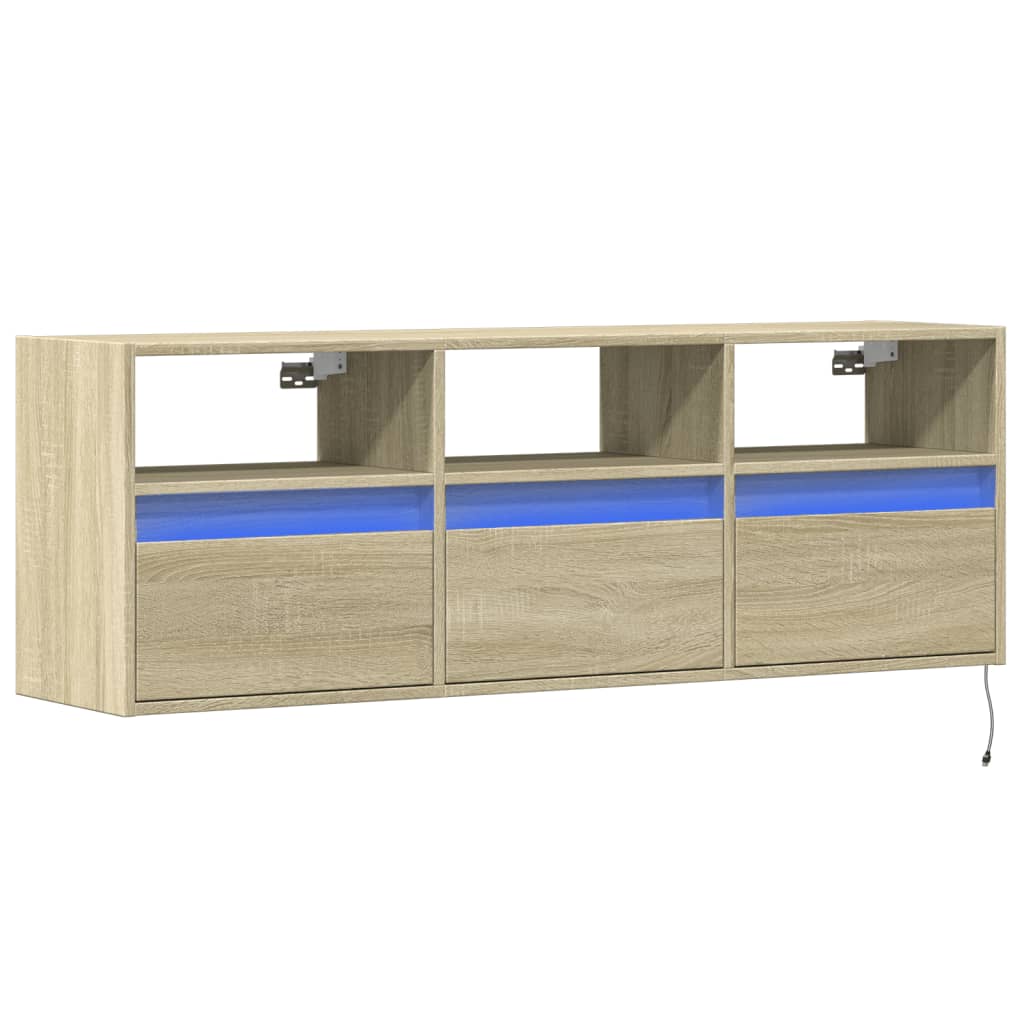væghængt tv-bord med LED-lys 130x31x45 cm sonoma-eg