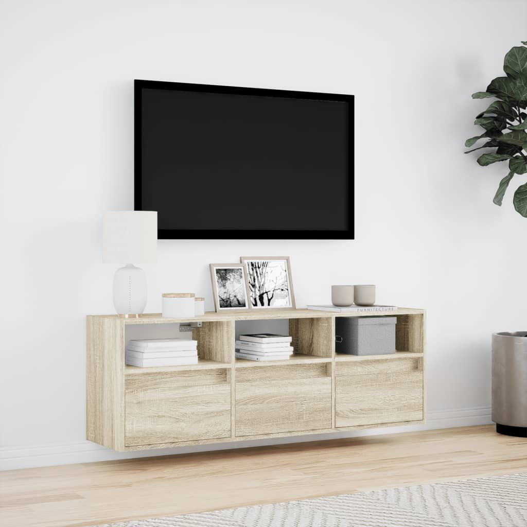 væghængt tv-bord med LED-lys 130x31x45 cm sonoma-eg