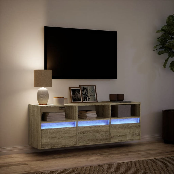 væghængt tv-bord med LED-lys 130x31x45 cm sonoma-eg