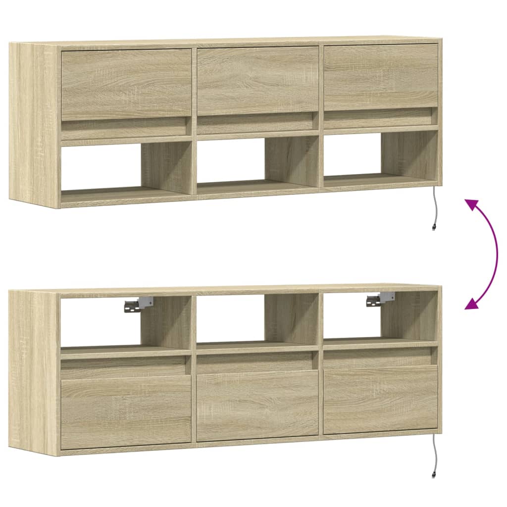 væghængt tv-bord med LED-lys 130x31x45 cm sonoma-eg