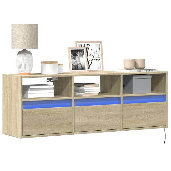 væghængt tv-bord med LED-lys 130x31x45 cm sonoma-eg