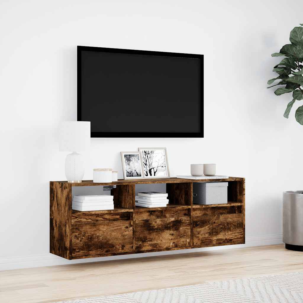 væghængt tv-bord med LED-lys 130x31x45 cm røget egetræsfarve