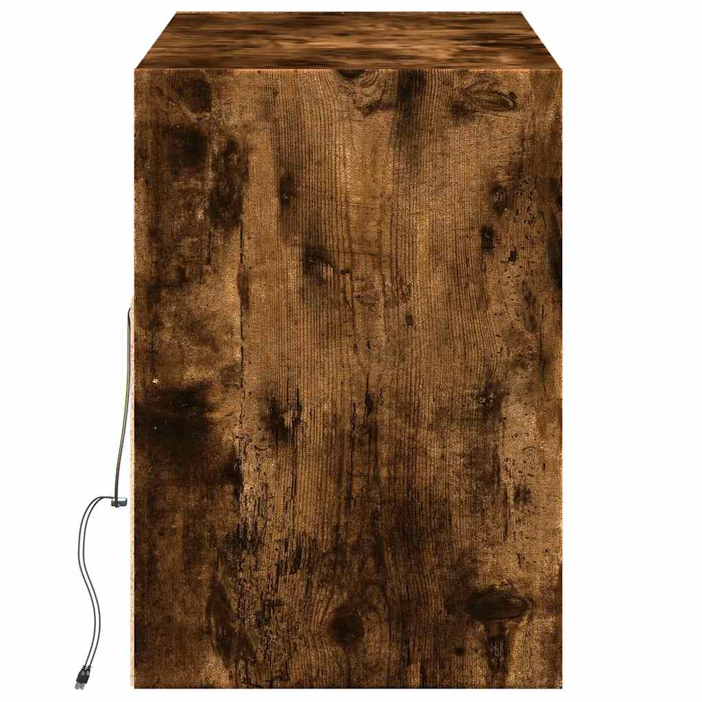 væghængt tv-bord med LED-lys 130x31x45 cm røget egetræsfarve