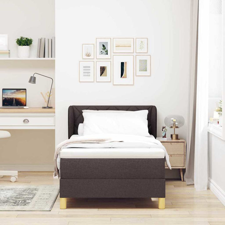 Boks madrasseng med madras creme 90x200 cm stof Mørkebrun