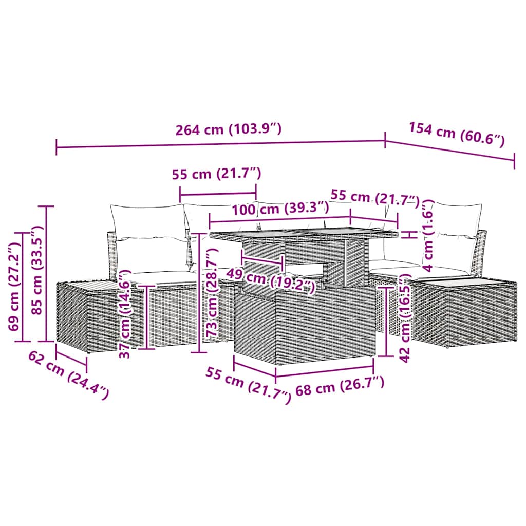 Have Spisebordssæt 6 pcs Sort og Beige 100 x 55 x 73 cm