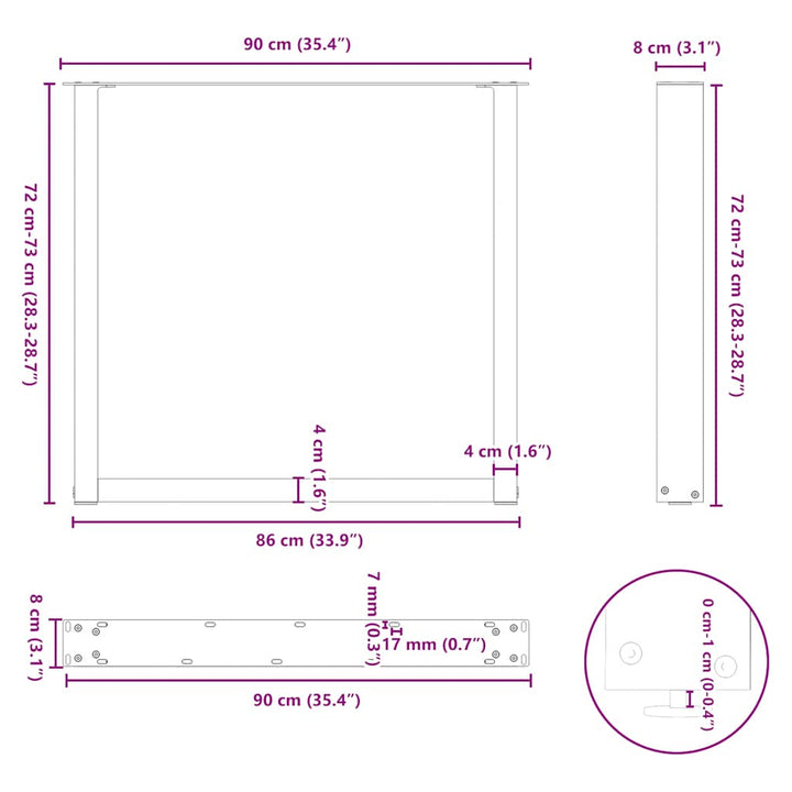 spisebordsben U-formet 2 stk. sort 90 x (72-73) cm stål