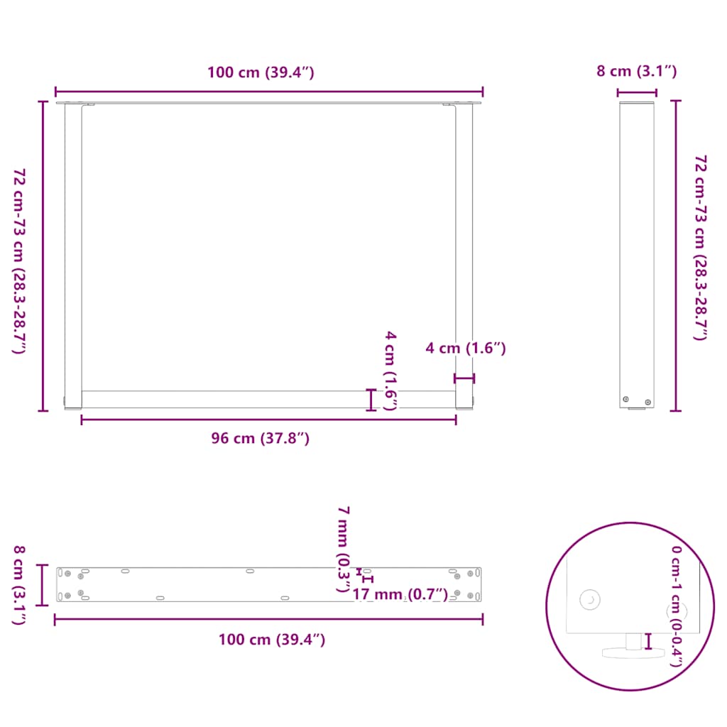 spisebordsben U-formet 2 stk. hvid 100x(72-73) cm stål