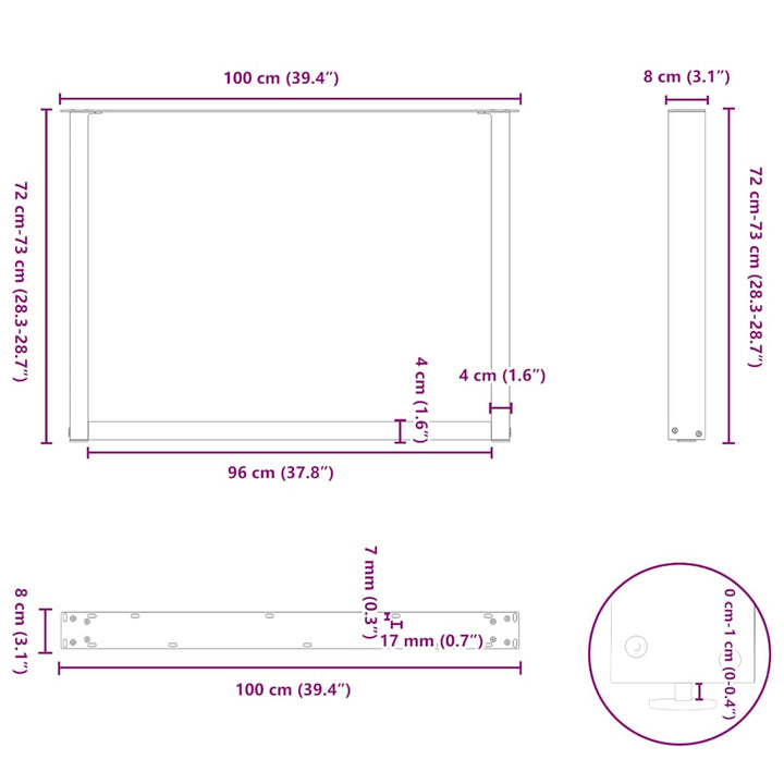 spisebordsben U-formet 2 stk. hvid 100x(72-73) cm stål