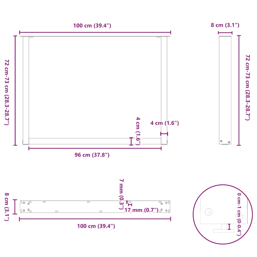 spisebordsben U-formet 2 stk. antracit 100x(72-73) cm stål