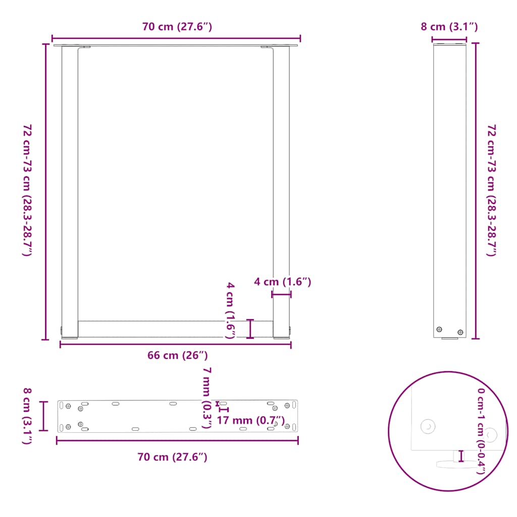 sofabordben U-formet 3 stk. 70x(72-73) cm stål antracitgrå
